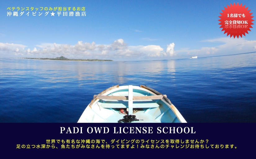 沖縄でダイビングのライセンスを取得するなら、１グループ完全貸切のお店がおすすめ！経験豊富なダイビングスタッフのみがライセンス取得を担当いたします。PADI OWDライセンス取得★お待ちしております。